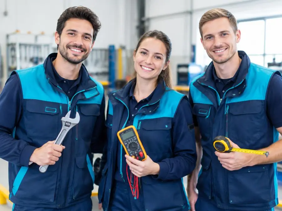 Équipe de techniciens OMANO souriants avec leurs outils